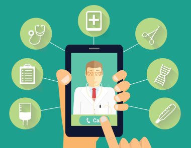 Doktor kavramı için ara. Telefon ile gülümseyen doktor el tutar