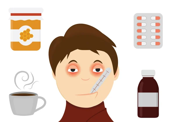 Boy`s sick face with termometer vector illustration. Treatment of cold illustration. — Stock Vector