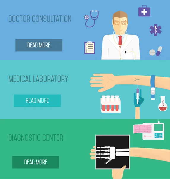 Illustration services médicaux. Consultation médicale, analisyses de laboratoire et centre de diagnostic . — Image vectorielle