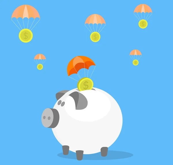 Money savings conceptual illustration. Parachute coins landing in money box. — Stock Vector