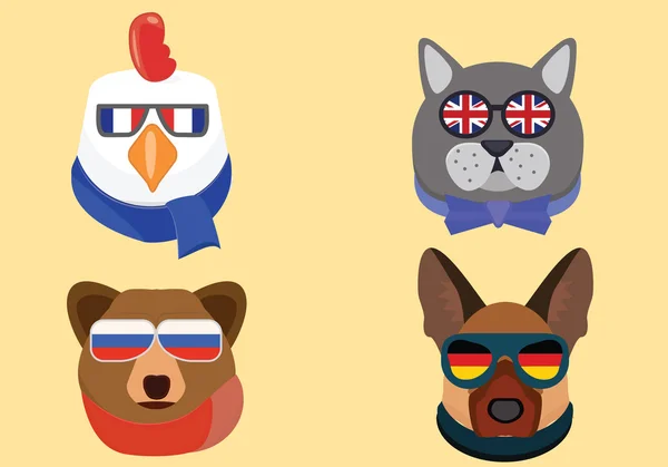 Illustration animalière nationale. Les symboles nationaux. Animaux mignons dans des lunettes — Image vectorielle