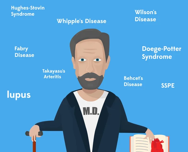 Ilustración conceptual de enfermedades raras. Personaje masculino con bastón y libro . — Vector de stock