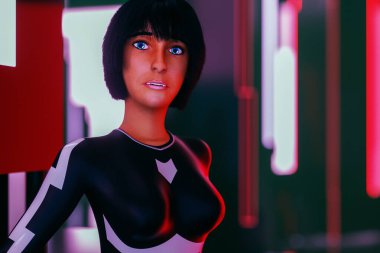 Gözünde neon lensler olan fütürist bir kadın.)