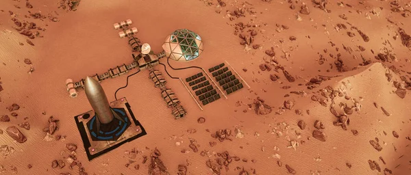 红色星球火星上的前哨 3D渲染 — 图库照片