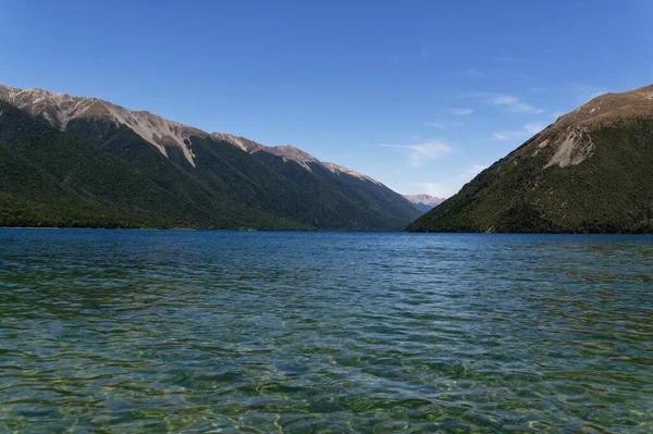 Las Aguas Cristalinas Del Lago Rotoiti Invitan Nadar Están Rodeadas — Foto de Stock