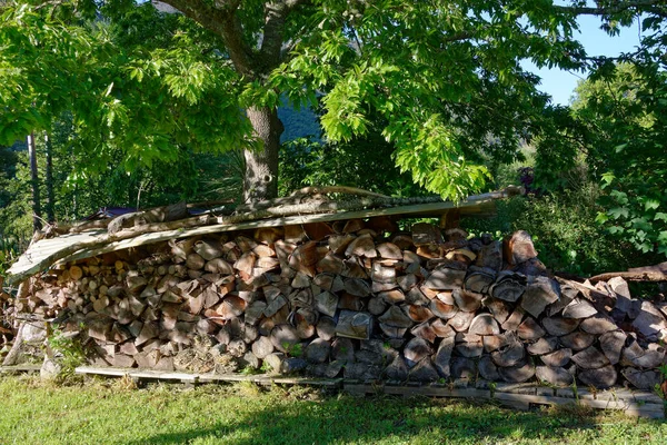 Well Prepared Next Winter Covered Firewood Pile — Stock Photo, Image