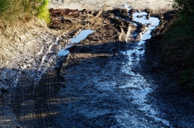 Kumsala giden yolda derin lastik izleri bırakılmış. İçleri suyla dolu.