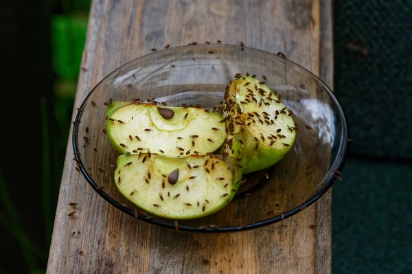 Una Manzana Que Cortado Por Mitad Dejado Para Atraer Las — Foto de Stock