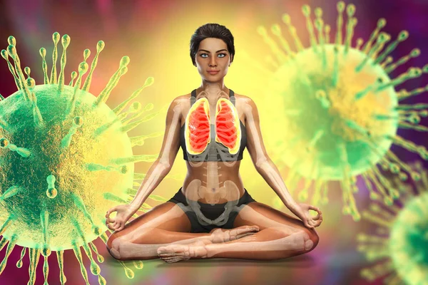 Female in Lotus yoga position with highlighted lungs, surrounded by viruses that cannot harm her, 3D illustration. Respiratory exercises and meditation for recovery and prevention of COVID-19