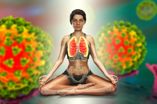 Female in Lotus yoga position with highlighted lungs, surrounded by viruses that cannot harm her, 3D illustration. Respiratory exercises and meditation for recovery and prevention of COVID-19