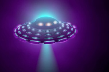 UFO uçan uzay gemisi. Uzaylı galaksiler arası daire, 3 boyutlu illüstrasyon