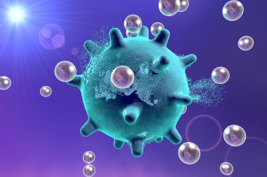 Destruction of a virus by nanoparticles, 3D illustration. Can also be used to illustrate effect of drugs, medicines, microbes, toxic substances clipart