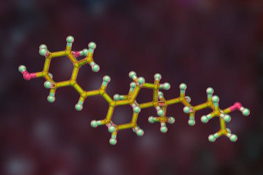 Kalsitriol molekülü, hipoparathyroidizm ile kalsiyum eksikliğinin tedavisinde kullanılan D3 vitamininin etkinleştirilmiş hali, 3D illüstrasyon