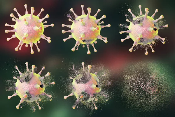ウイルスの破壊 3Dイラスト ウイルスの破壊のさまざまな段階を示す一連の画像 医薬品 医薬品 微生物 ナノ粒子の効果を示すために使用できます — ストック写真