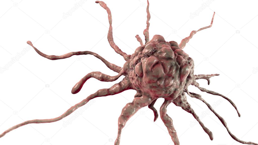 Cancer cell, tumour cell isolated on white background, close-up view, 3D illustration