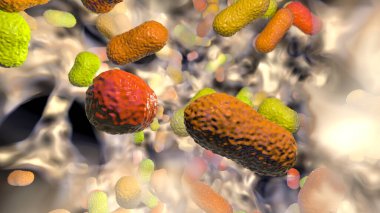 Multidrug resistant bacteria. Biofilm of bacteria Acinetobacter baumannii, the common causative agent of hospital-acquired infections 3D illustration clipart