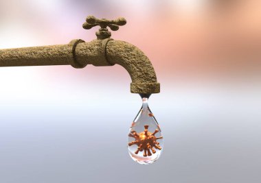 İçme suyu konsepti, 3 boyutlu illüstrasyon. Virüs içeren bir damla suyla musluğu gösteriyor.