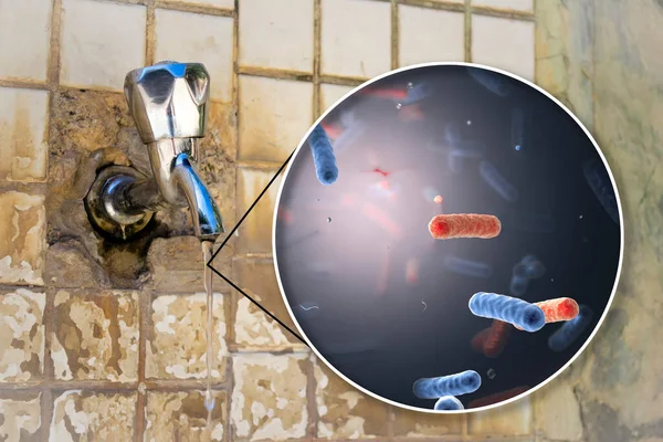 Безопасность Концепции Питьевой Воды Иллюстрация Показывающая Загрязненную Питьевую Воду Бактериями — стоковое фото