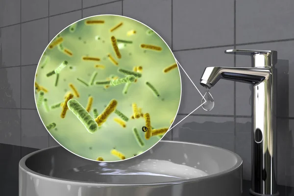 Safety of drinking water concept, 3D illustration showing bacteria contaminated drinking water
