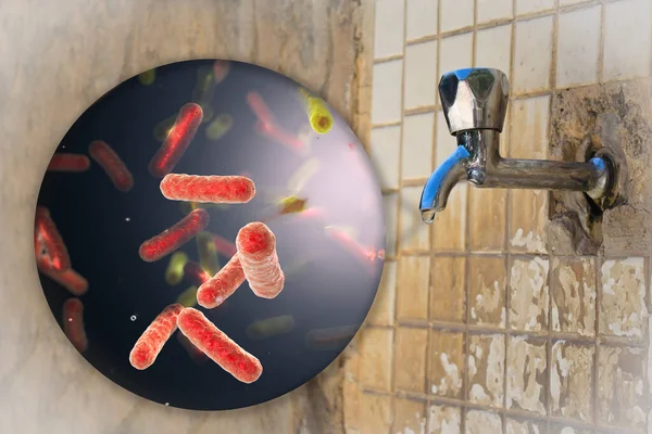 Bezpečnost Koncepce Pitné Vody Ilustrace Zobrazující Bakterie Kontaminované Pitnou Vodou — Stock fotografie