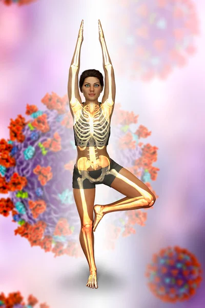 Respiratory regulation and breathing in yoga. Anatomy of Yoga Tree pose, or Vrikshasana, 3D illustration. Recovery and prevention of COVID-19. Respiratory exercises making lungs stronger