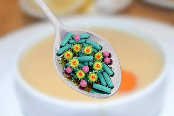 食物感染 医学概念 显示勺子与微生物的三维图解 — 图库照片