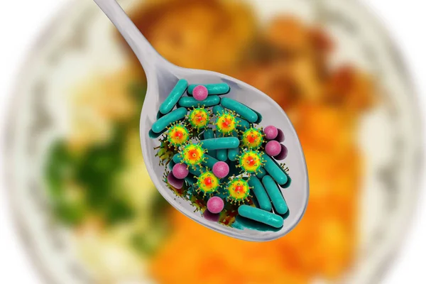 Food infection, medical concept, 3D illustration showing spoon with microbes