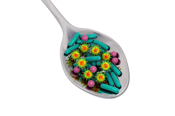 食物感染 医学概念 显示勺子与微生物的三维图解 — 图库照片