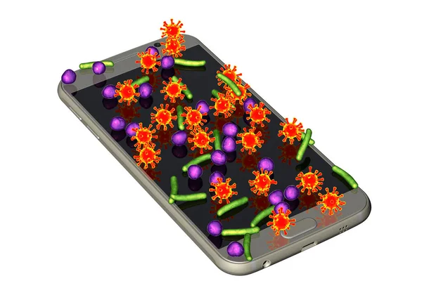 智能手机 概念图 三维插图的微生物污染 — 图库照片