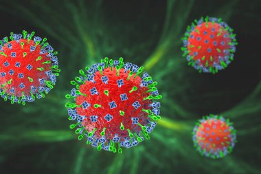 Hendra virüsü, insanlarda ve atlarda ölümcül bir enfeksiyonla ilişkili yarasa kaynaklı bir virüs, 3 boyutlu illüstrasyon.