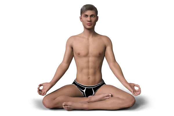 一个年轻男子在莲花瑜伽的位置 或Padmasana 3D插图 Covid 19的康复和预防 呼吸练习使肺更强壮 — 图库照片