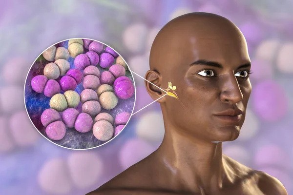 肺炎链球菌是引起鼻窦炎的原因之一 显示非洲男子额窦化脓性炎症及肺炎球菌近视的3D图像 — 图库照片