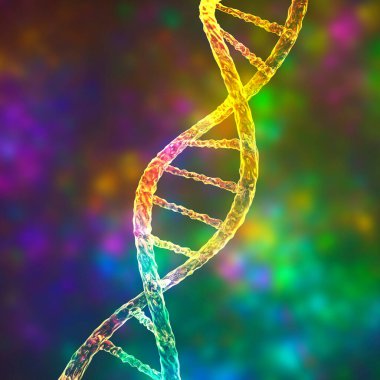 DNA molekülü, çift sarmal, üç boyutlu çizim. Gen terapisi, genetik mutasyon ve genetik bozukluklar.