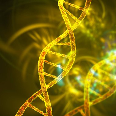 DNA molekülü, çift sarmal, üç boyutlu çizim. Gen terapisi, genetik mutasyon ve genetik bozukluklar.