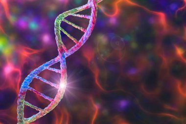 Genetik mutasyon, kavramsal 3 boyutlu çizim. Genlerinde mutasyon olan çift sarmallı DNA molekülü. Genetik bozukluk kavramı. İnsan genomunu yok etti. DNA yok etme ve gen mutasyonu