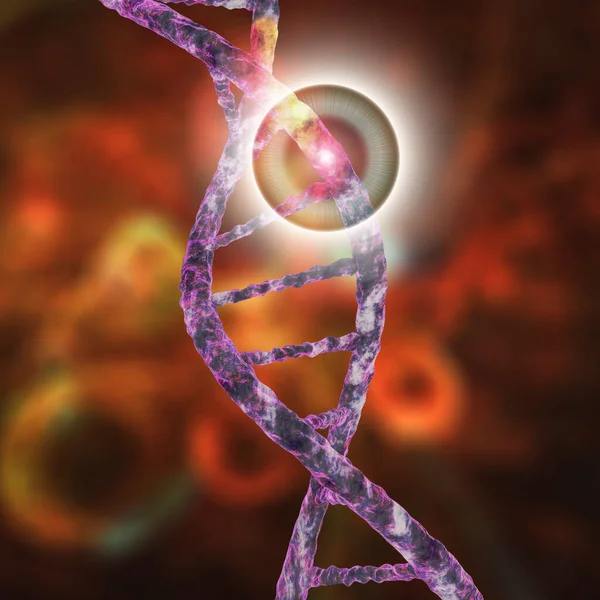 Genetic mutation, conceptual 3D illustration. Double stranded DNA molecule with mutation in a gene. Concept for genetic disorder. Destroyed human genome. DNA destruction and gene mutation