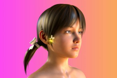 Otitis medyası, orta kulağın bir grup iltihaplı hastalığı, üç boyutlu illüstrasyon orta ve iç havanın vurgulanmış yapısına ve orta havadaki irin birikimine sahip bir kızı gösteriyor.