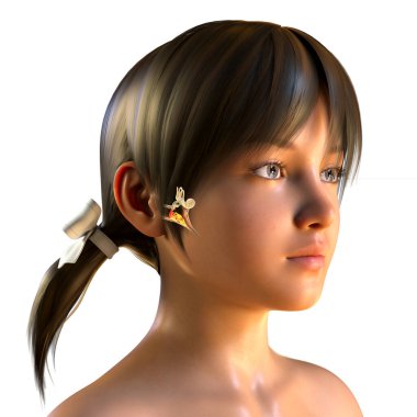 Otitis medyası, orta kulağın bir grup iltihaplı hastalığı, üç boyutlu illüstrasyon orta ve iç havanın vurgulanmış yapısına ve orta havadaki irin birikimine sahip bir kızı gösteriyor.