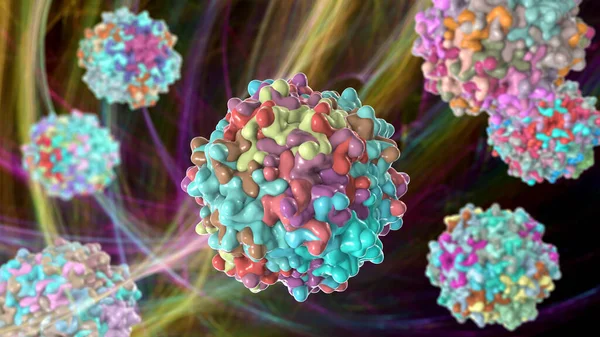 Adeno-associated viruses, 3D illustration. The smallest known viruses to infect humans, belong to the family Parvoviridae, are used for gene therapy, and for creation of isogenic human disease models