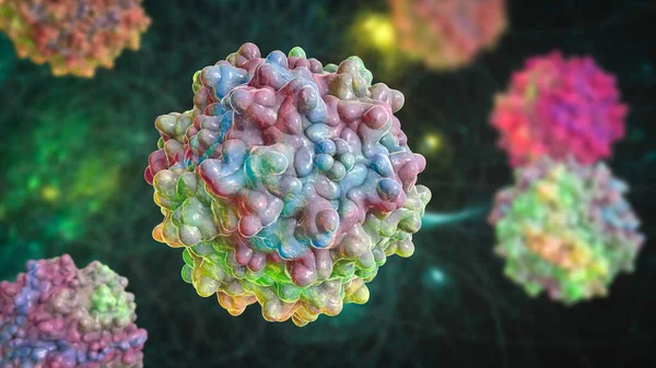 Adeno-associated viruses, 3D illustration. The smallest known viruses to infect humans, belong to the family Parvoviridae, are used for gene therapy, and for creation of isogenic human disease models