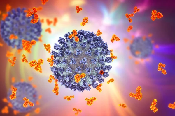 Antibodies attacking SARS-CoV-2 virus, corona virus, COVID-19 viruses, the conceptual 3D illustration for COVID-19 treatment, diagnosis and prevention. Vaccine production and vaccination concept