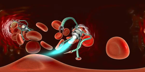 360 Stopniowa Sferyczna Panorama Nanobotów Krwi Nanotechnologiczna Koncepcja Medyczna Ilustracja — Zdjęcie stockowe