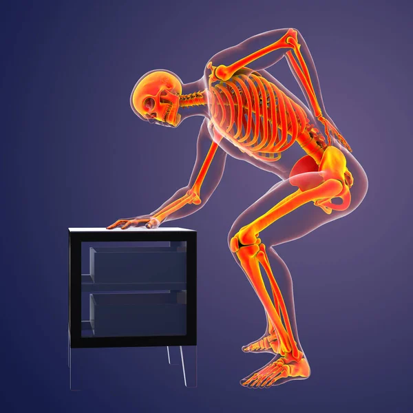 Human spine pain, backache, back pain, conceptual 3D illustration showing male body with highlighted skeleton having painful back