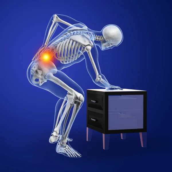 Human spine pain, backache, back pain, conceptual 3D illustration showing male body with highlighted skeleton having painful back