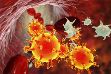 COVID-19 virüs parçacıkları ve kan dolaşımındaki aktif trombositler pıhtı oluşumuna, kavramsal 3D illüstrasyonuna katılıyorlar. Covid-19 hastalığı ve aşı komplikasyonları, trombolizm, tromboembolizm