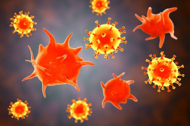 Covid-19 koronavirüs ve trombosit, pıhtı oluşumundan sorumlu kan hücreleri, kavramsal 3 boyutlu çizimler. COVID-19 ve aşıların pıhtılaşma komplikasyonları