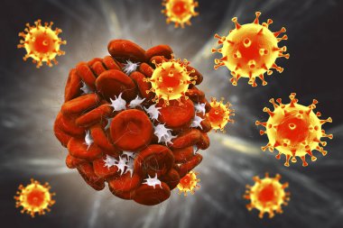 Kan pıhtılaşması ve COVID-19 virüs parçacıkları, kavramsal 3 boyutlu resimleme. Covid-19 hastalığı ve aşı komplikasyonları, trombolizm, tromboembolizm