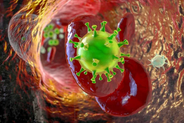 Covid 19ウイルス粒子と血栓形成に関与する血流中の活性化血小板 概念的な3Dイラスト Covid 19疾患およびワクチン合併症 血栓症 血栓塞栓症 — ストック写真
