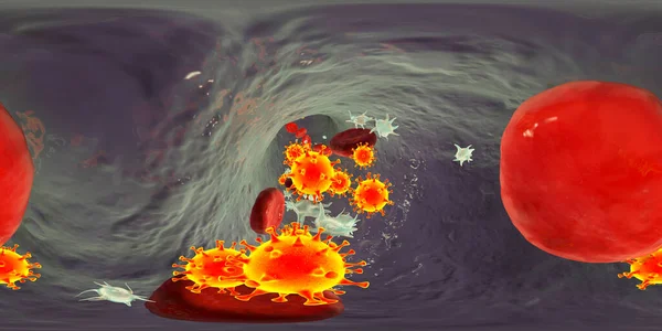 Covid 19ウイルス粒子と血栓形成に関与する血流中の活性化血小板 概念的な3Dイラスト Covid 19疾患およびワクチン合併症 360度Vrパノラマビュー — ストック写真