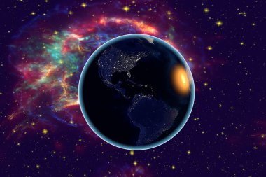 Gece kıtalarında gerçeküstü arka plan üzerinde uzaydan